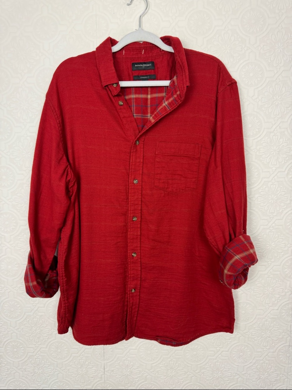 Banana Republic double Cloth Red Flannel Shirt XL Plaid Lined Button Down